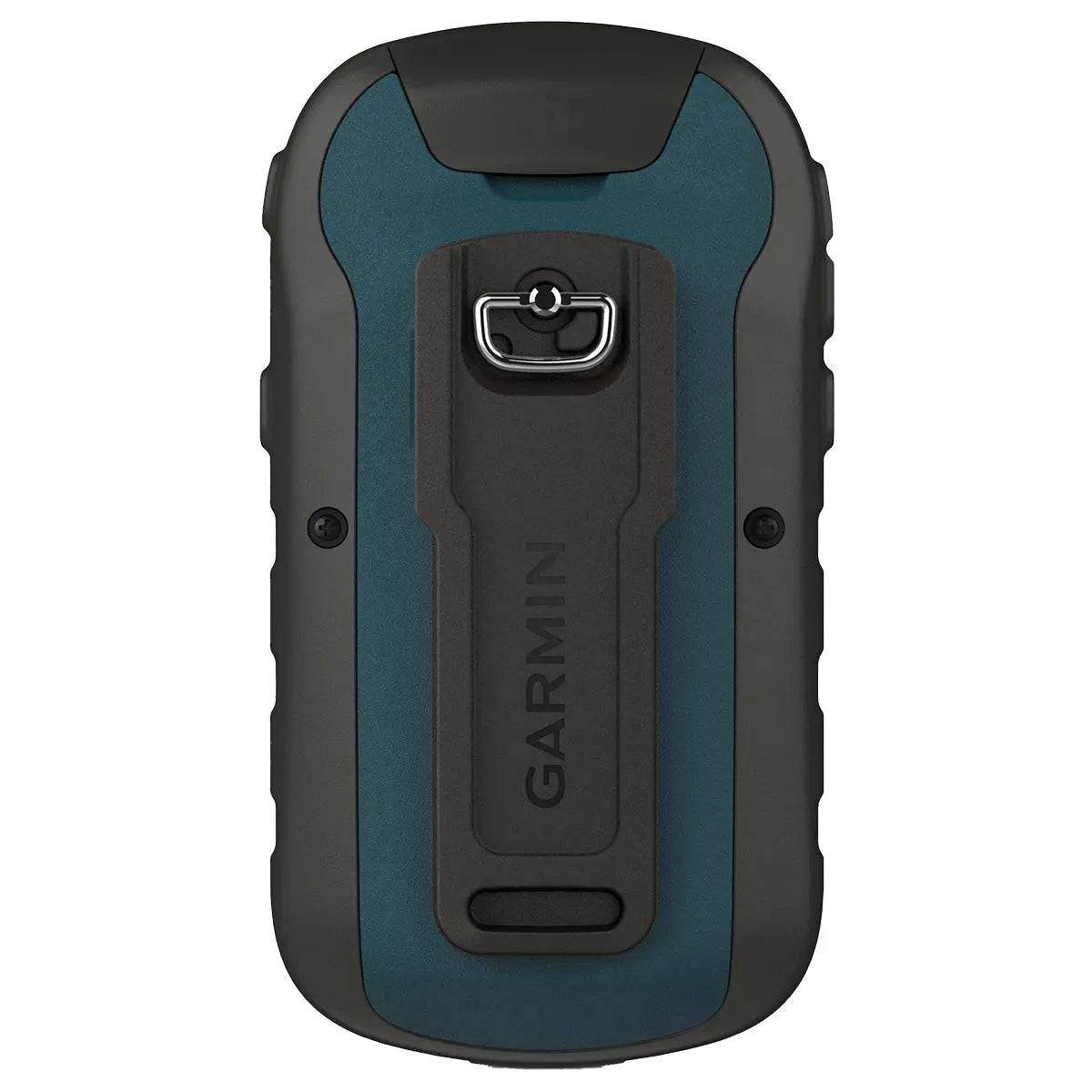 Rear view of the Garmin eTrex 22x GPS device featuring a rugged design with a secure clip for easy attachment during outdoor adventures.