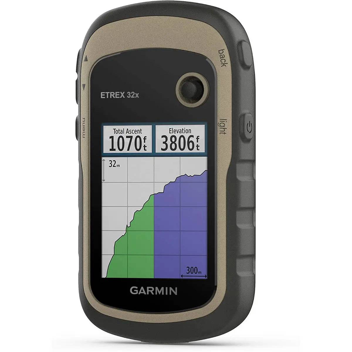 Garmin eTrex 32x GPS handheld device showing elevation and ascent data, perfect for tracking outdoor activities like hiking and biking.