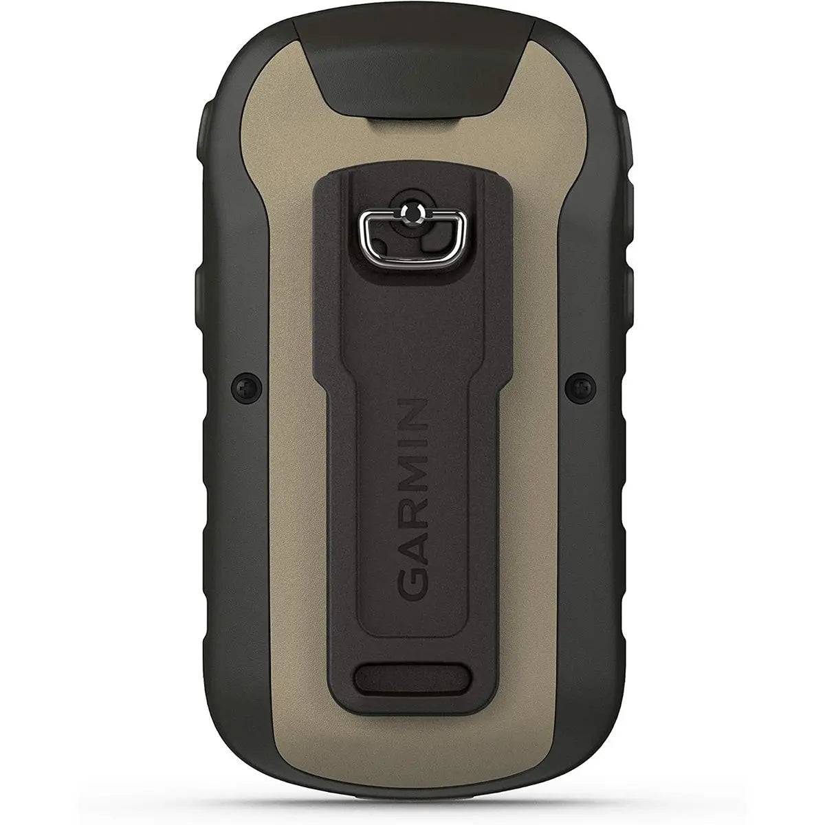 Back view of the Garmin eTrex 32x GPS handheld device, featuring a sturdy casing with a secure mounting clip for outdoor adventures.