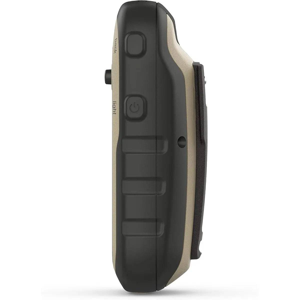 Side view of the Garmin eTrex 32x GPS handheld device, highlighting its rugged design, textured grip, and accessible control buttons.