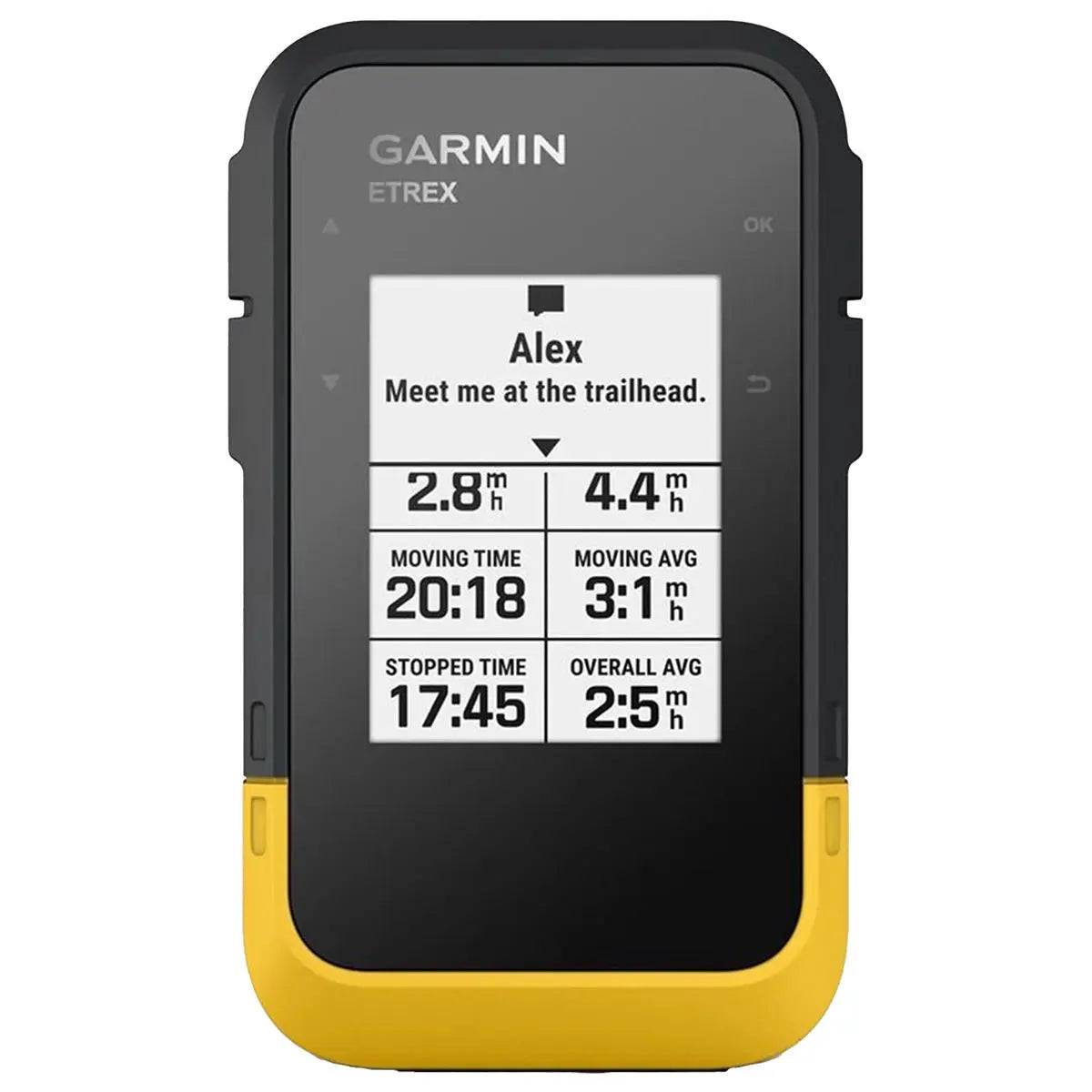 Garmin eTrex SE Handheld GPS Device displaying trip data and messaging features, designed for outdoor navigation and exploration.