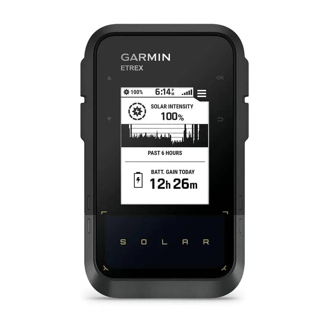 Garmin eTrex Solar Powered Hiking GPS Handheld showcasing solar intensity and battery gain for efficient energy management.