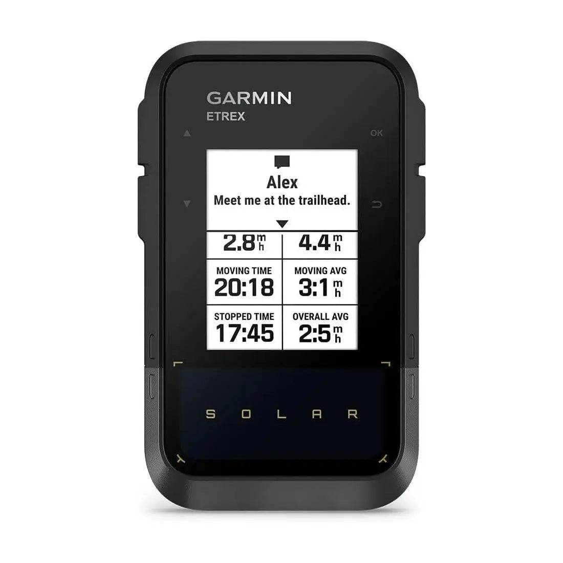 Garmin eTrex Solar Powered Hiking GPS Handheld displaying real-time tracking and messaging for seamless communication on the go.