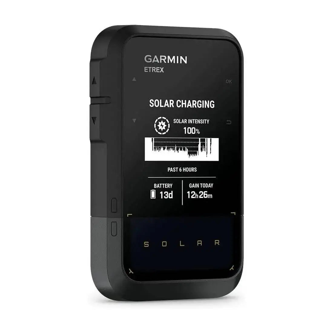 Garmin eTrex Solar Powered Hiking GPS Handheld with solar charging display, ensuring extended battery life for outdoor adventures. from John Bull Clothing