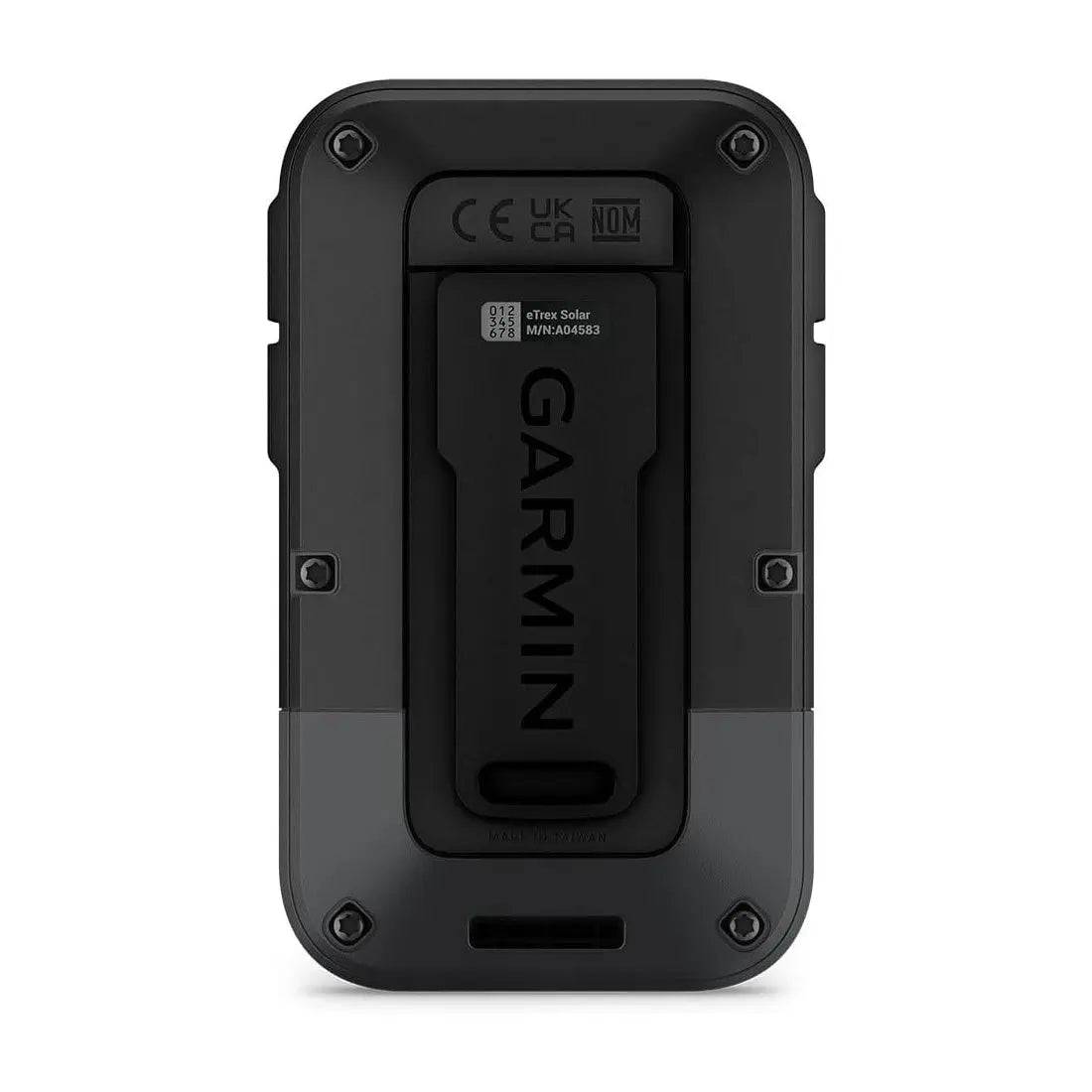 Back view of Garmin eTrex Solar Powered Hiking GPS Handheld, highlighting its rugged design and secure mounting clip.