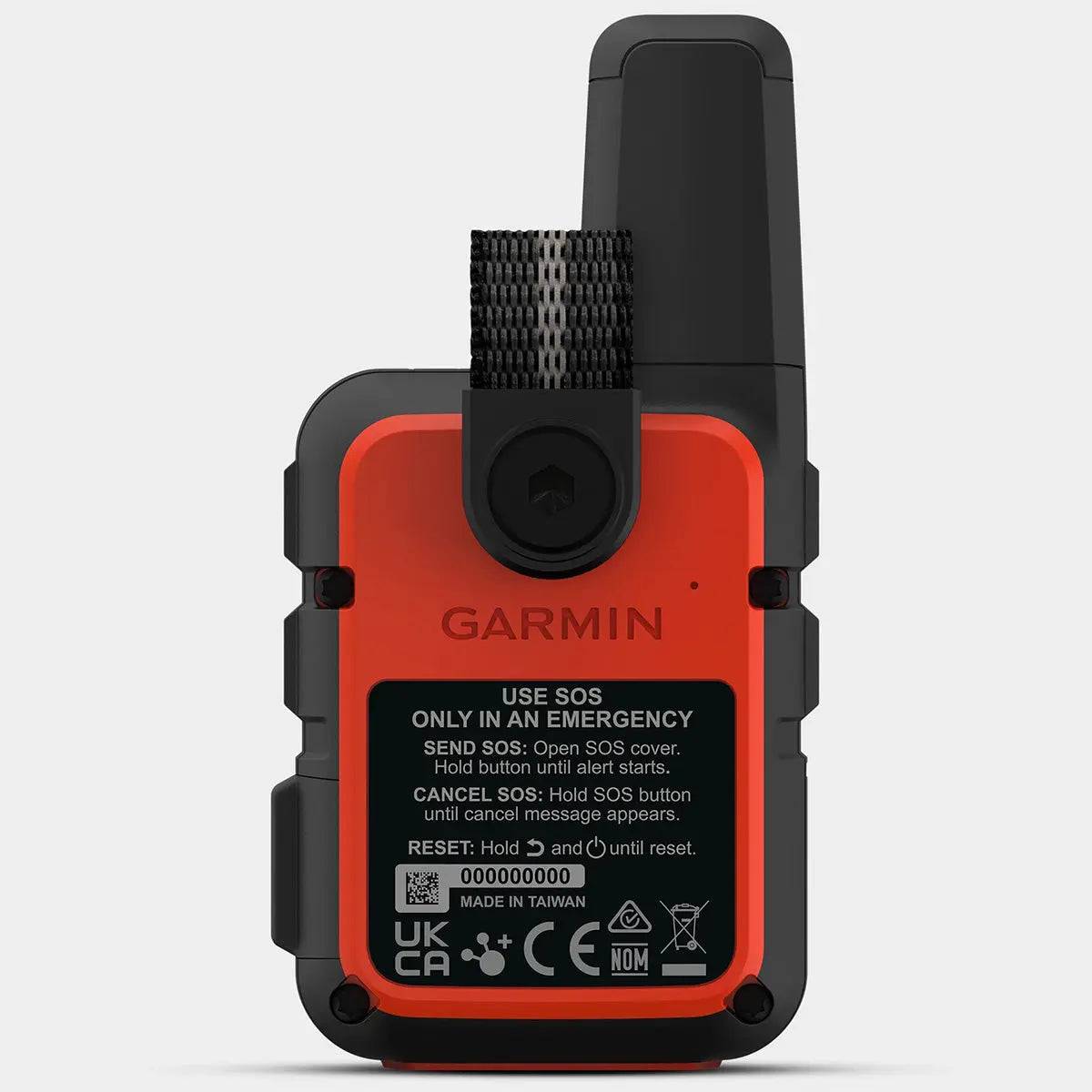 Back view of Garmin inReach Mini 2 in red, showing emergency SOS instructions and rugged design for outdoor adventures.