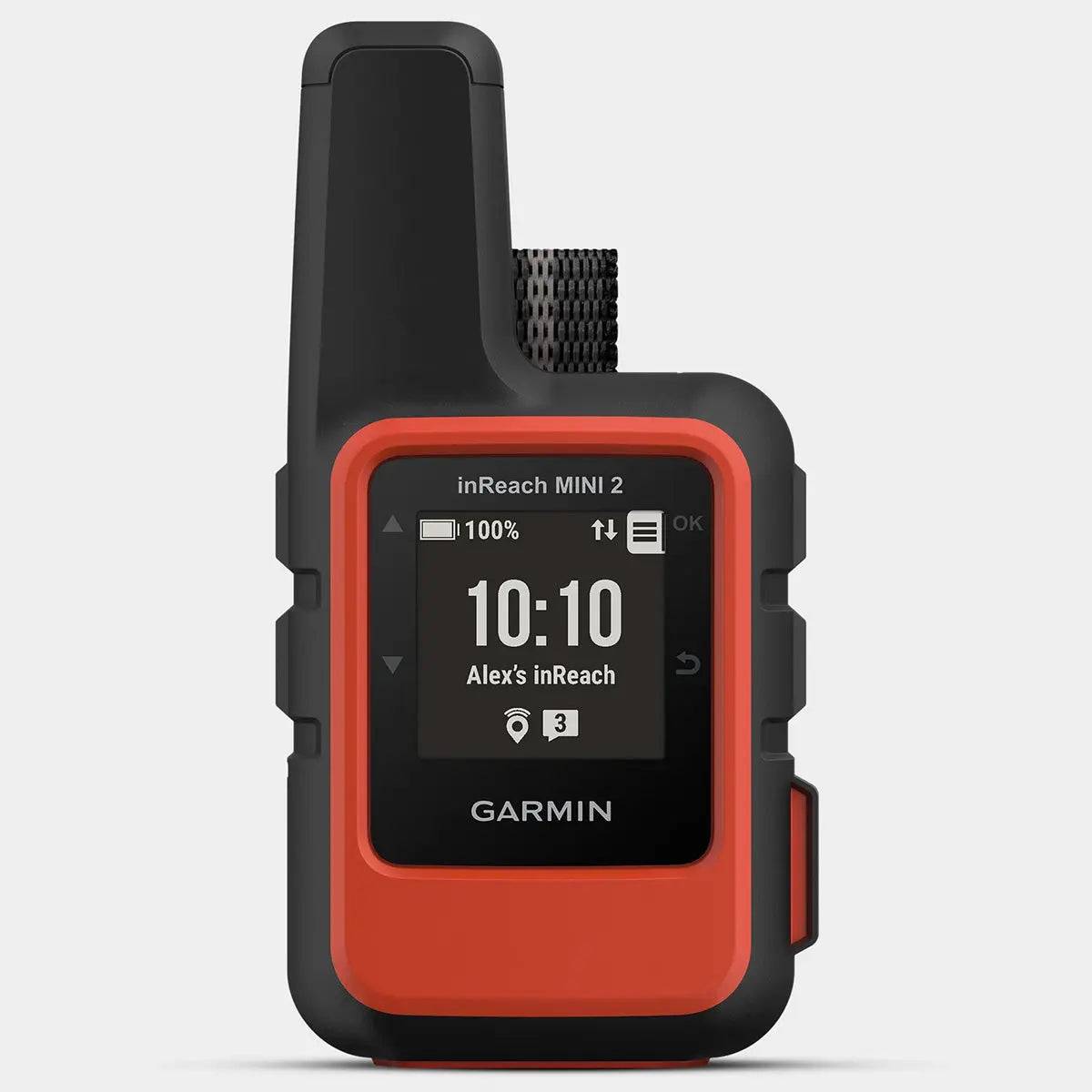 Front view of Garmin inReach Mini 2 in red, displaying time and battery status on its screen for reliable satellite communication.