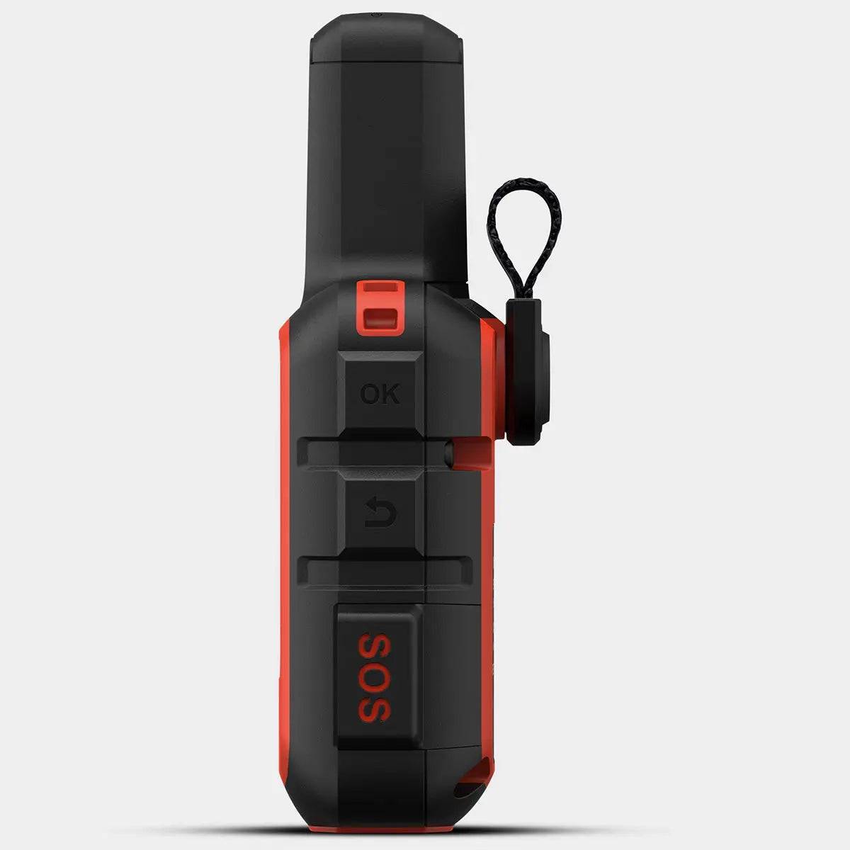 Side view of Garmin inReach Mini 2 in red, featuring an SOS button and sturdy construction for emergency satellite communication.