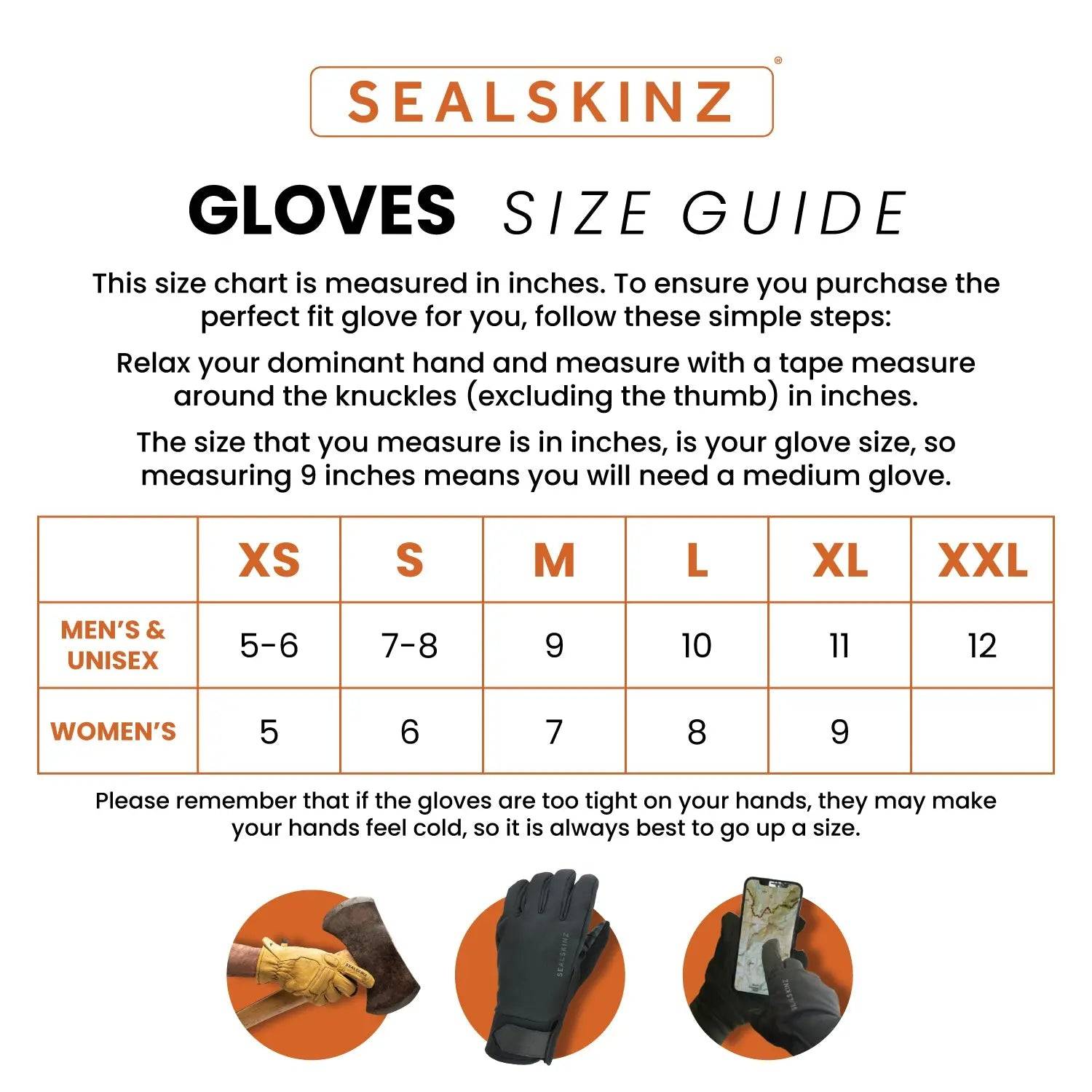 SealSkinz glove size guide chart for Kelling Waterproof Gloves, detailing unisex sizing from XS to XXL for accurate fit selection.