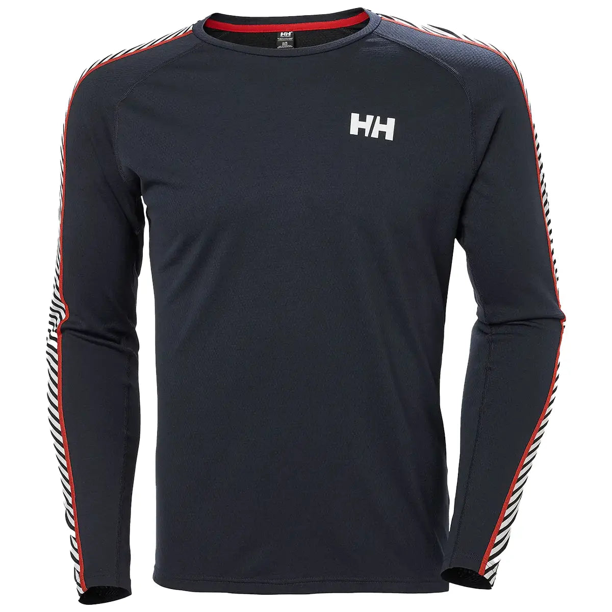 Navy HH Lifa Active Crew Long Sleeve Base Layer with red-accented striped sleeves, ideal for winter sports and training from John Bulls.