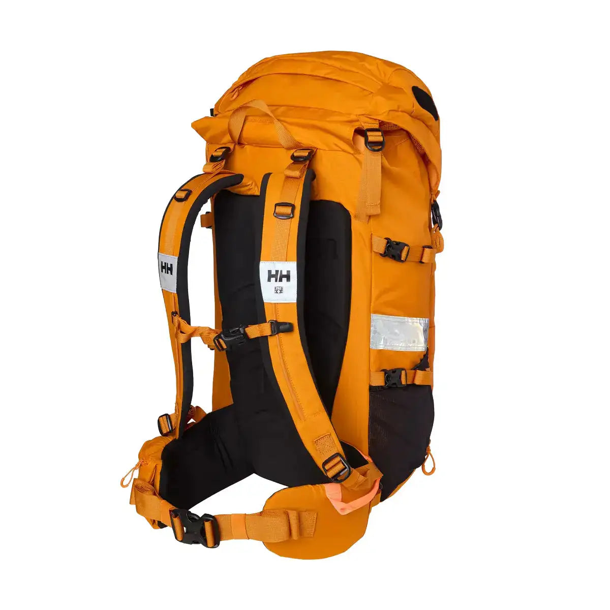Close-up of orange Helly Hansen Alpine SAR 45 rescue backpack with large main compartment, reflective strips, and adjustable straps from John Bull Clothing