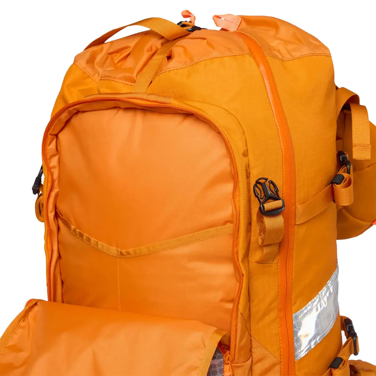 Side view of orange Helly Hansen Alpine SAR 45 rescue backpack with padded shoulder straps, reflective details, and gear loops for hiking