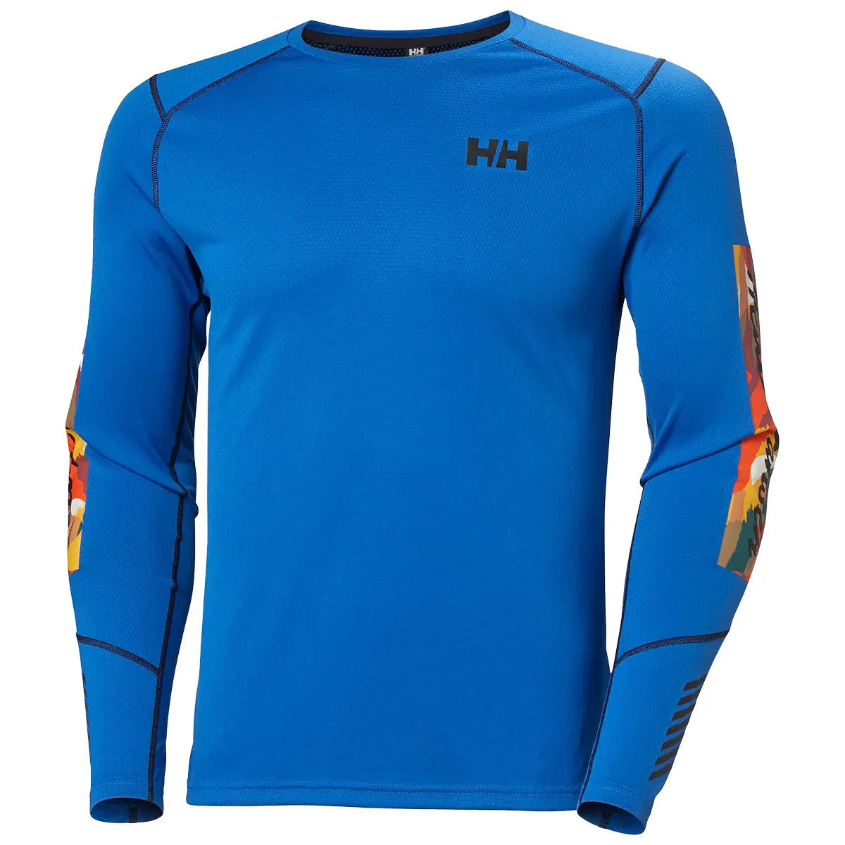 Bright blue HH Lifa Active Crew Long Sleeve Base Layer with colorful sleeve graphics, designed for activewear performance at John Bulls.