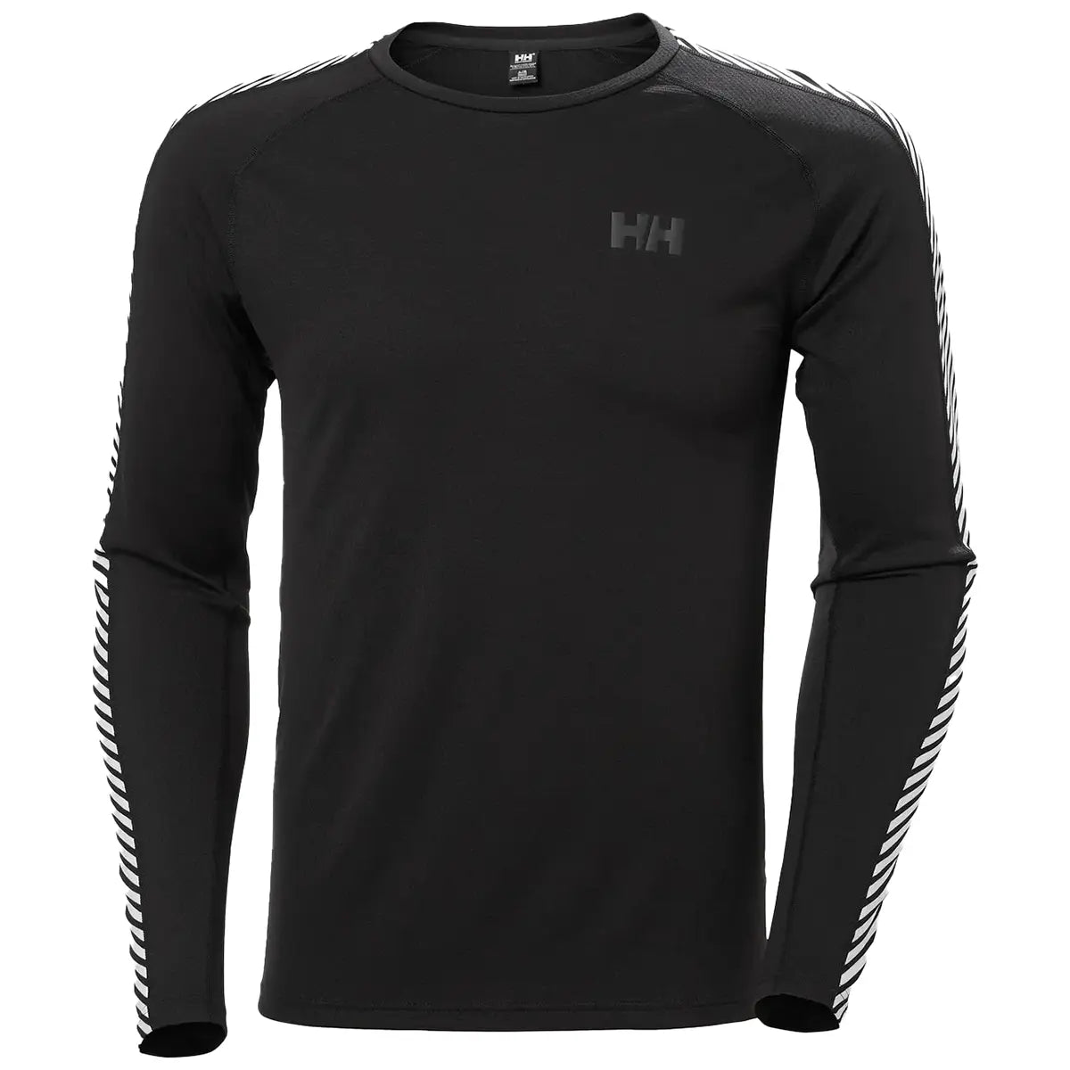 HH Lifa Active Crew Long Sleeve Base Layer in black with white stripe detailing on sleeves, ideal for cold weather activewear from John Bulls.