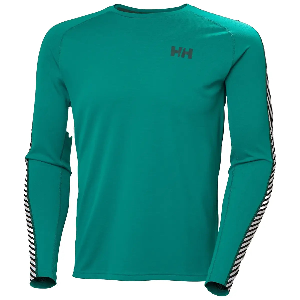 Teal HH Lifa Active Crew Long Sleeve Base Layer featuring black and white striped sleeves, built for high-performance wear at John Bulls.
