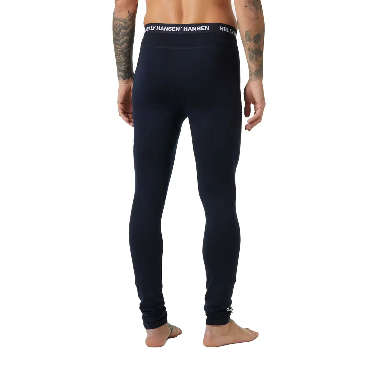 Back view of men's Helly Hansen base layer trousers in navy, fitted design with Helly Hansen branded waistband, suitable for outdoor wear - SKU: JB1631-NY-S