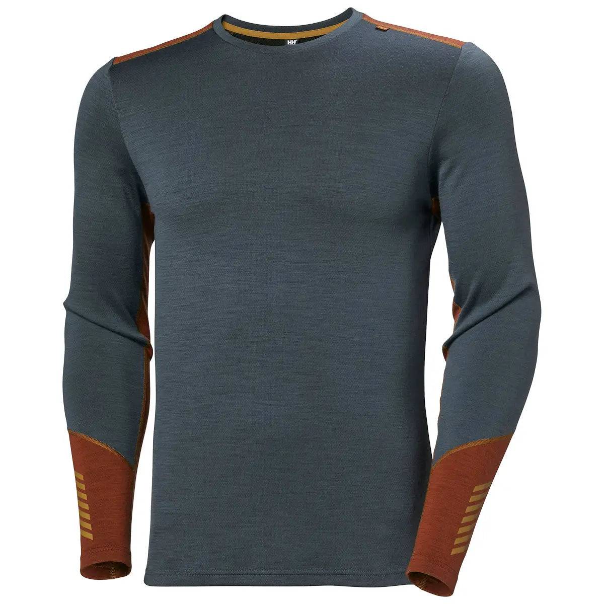 Helly Hansen Lifa Merino Midweight Crew Base Layer in dark teal with brown accents. A high-performance thermal top designed for warmth and comfort.