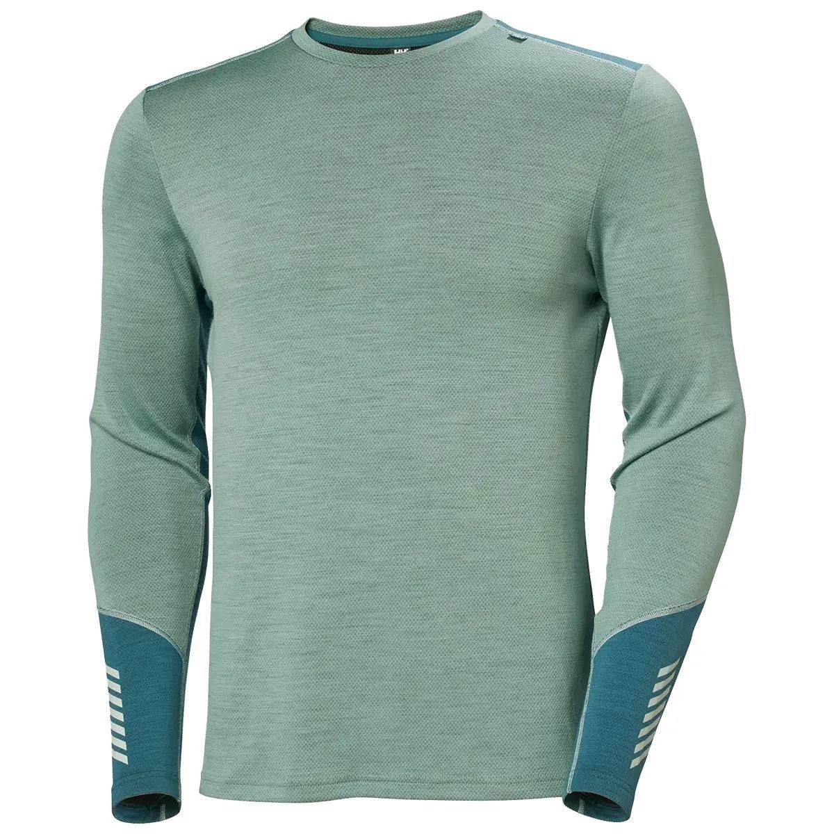 Helly Hansen Lifa Merino Midweight Crew Base Layer in light green with teal accents. Ideal for cold conditions with moisture-wicking Merino fabric.