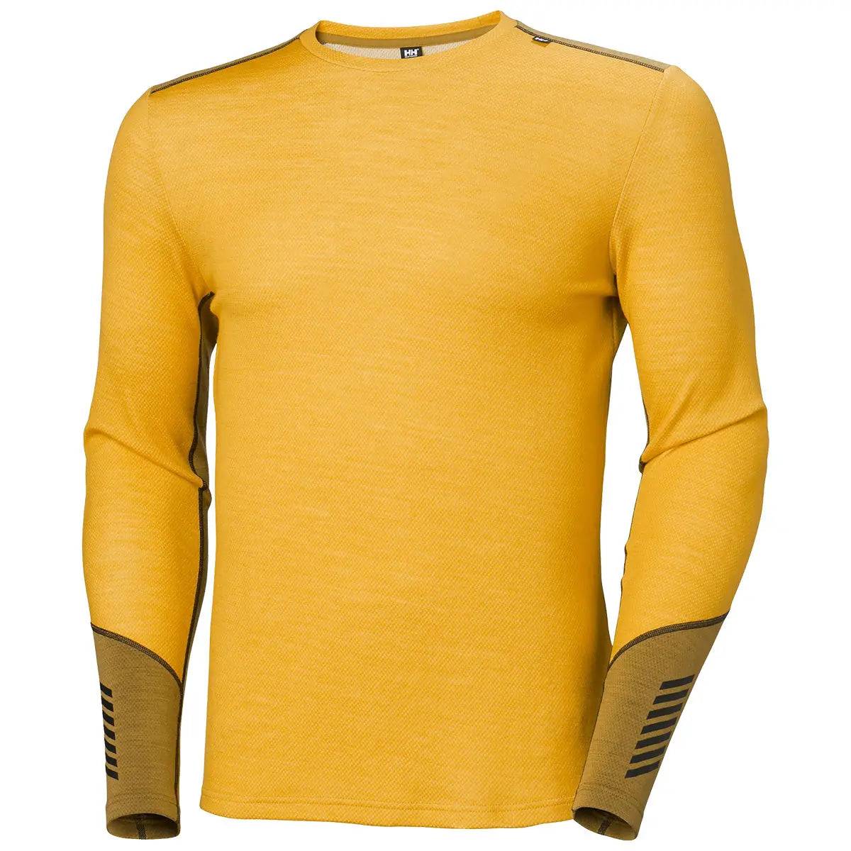 Helly Hansen Lifa Merino Midweight Crew Base Layer in mustard yellow with brown details. A breathable and insulating base layer for outdoor activities.