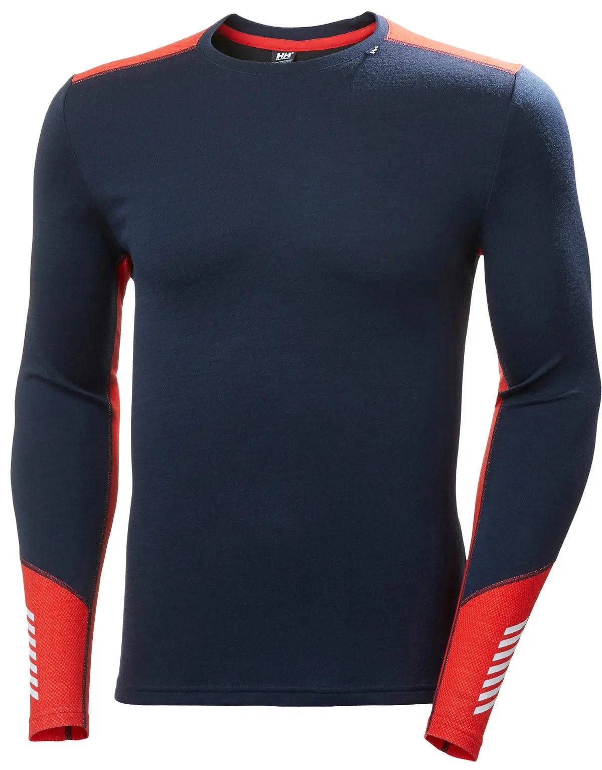 Helly Hansen Lifa Merino Midweight Crew Base Layer in navy blue with red accents. Designed for warmth and performance in cold weather conditions.