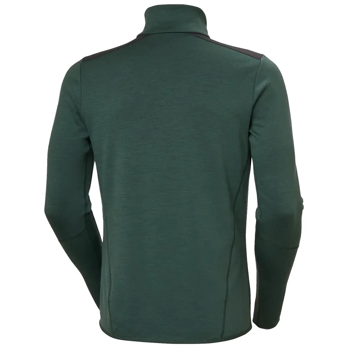 Rear flat view of Helly Hansen Lifa Merino Wool Mid Layer 1/2 Zip in green, emphasizing streamlined back panel and shoulder detailing.