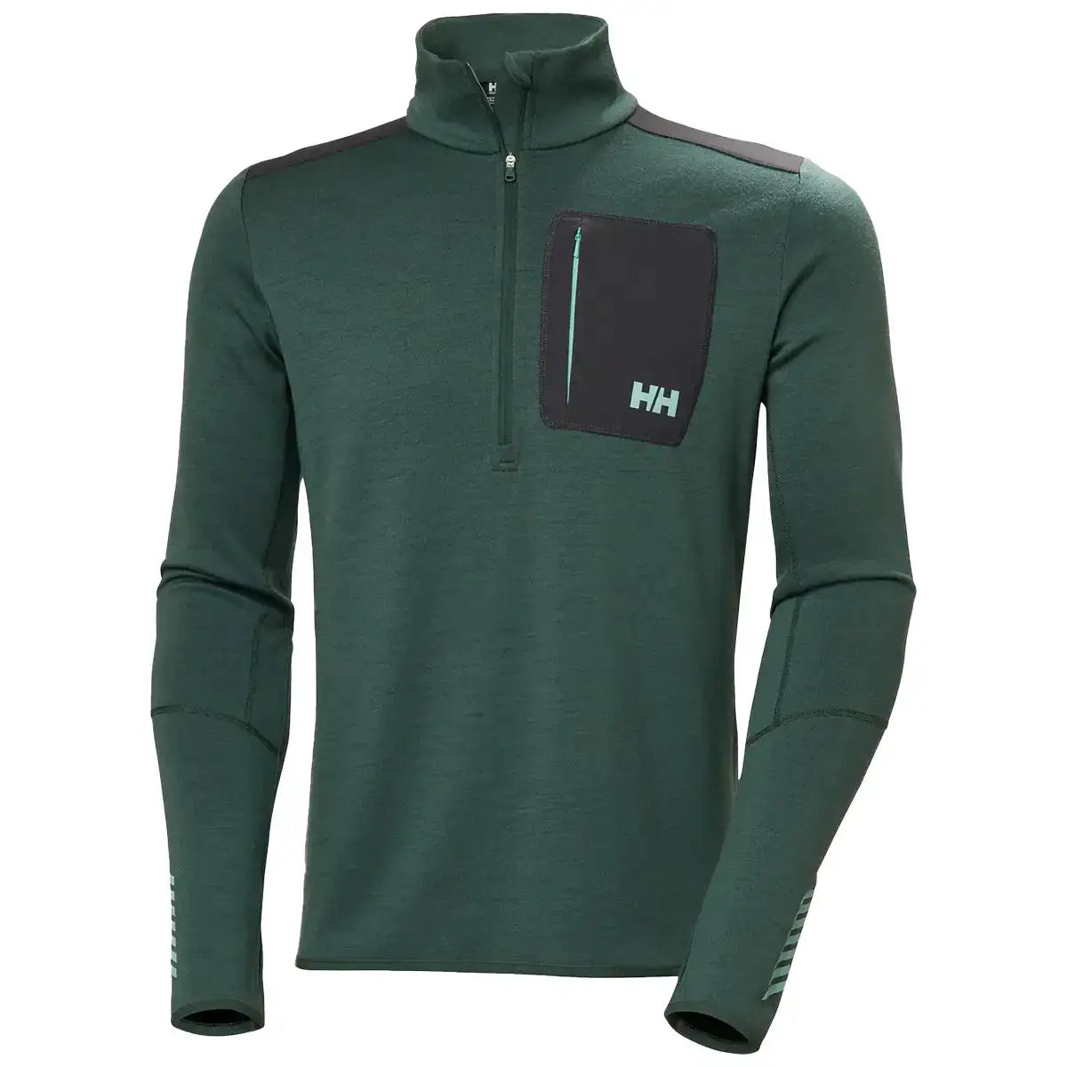 Helly Hansen Lifa Merino Wool Mid Layer 1/2 Zip in green displayed flat, showing technical fabric and athletic cut ideal for activewear layering. Jungle Green from John Bull Clothing
