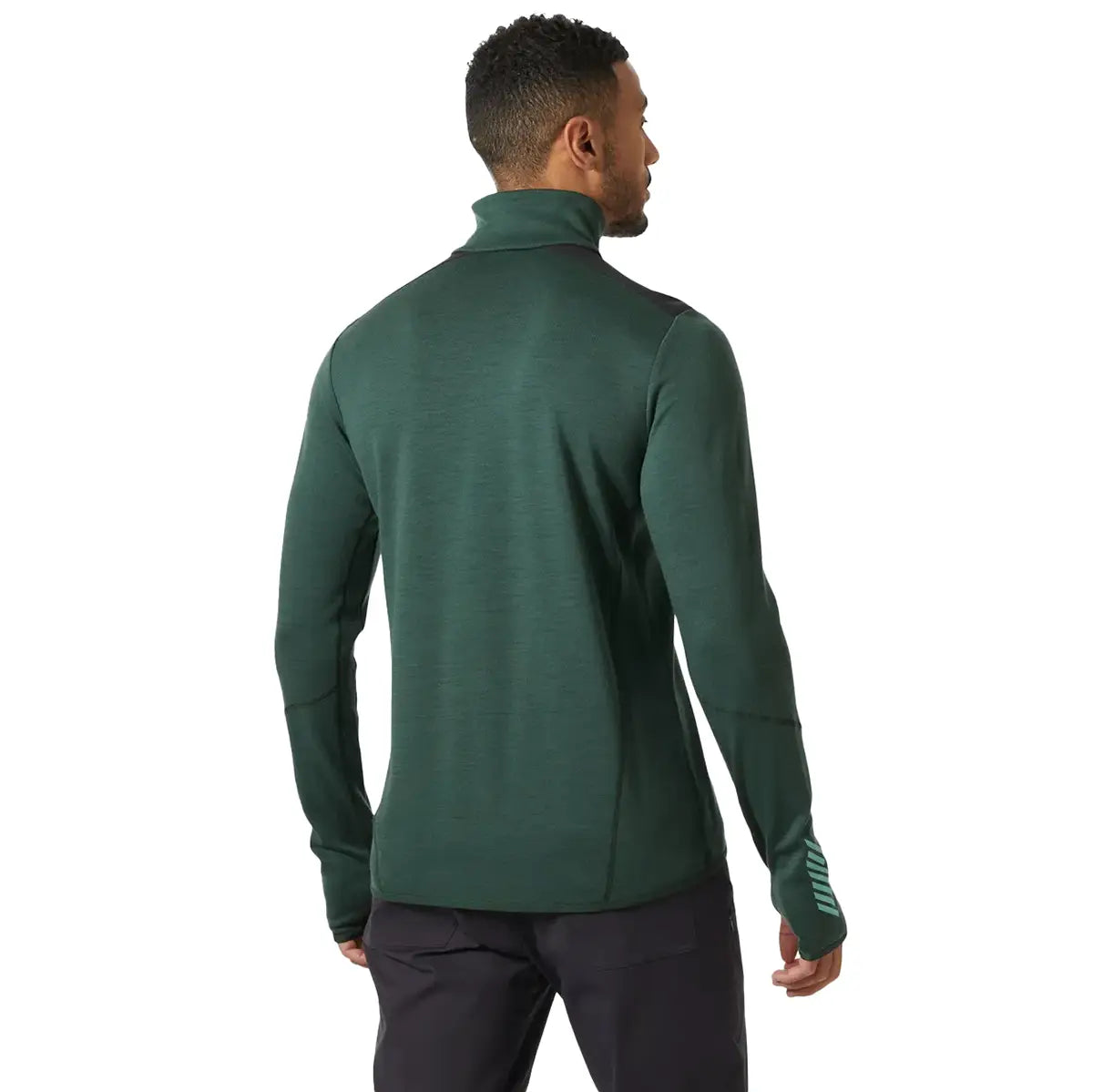 Back view of Helly Hansen Lifa Merino Wool Mid Layer 1/2 Zip in green, showcasing seamless design and ergonomic fit for cold-weather performance.