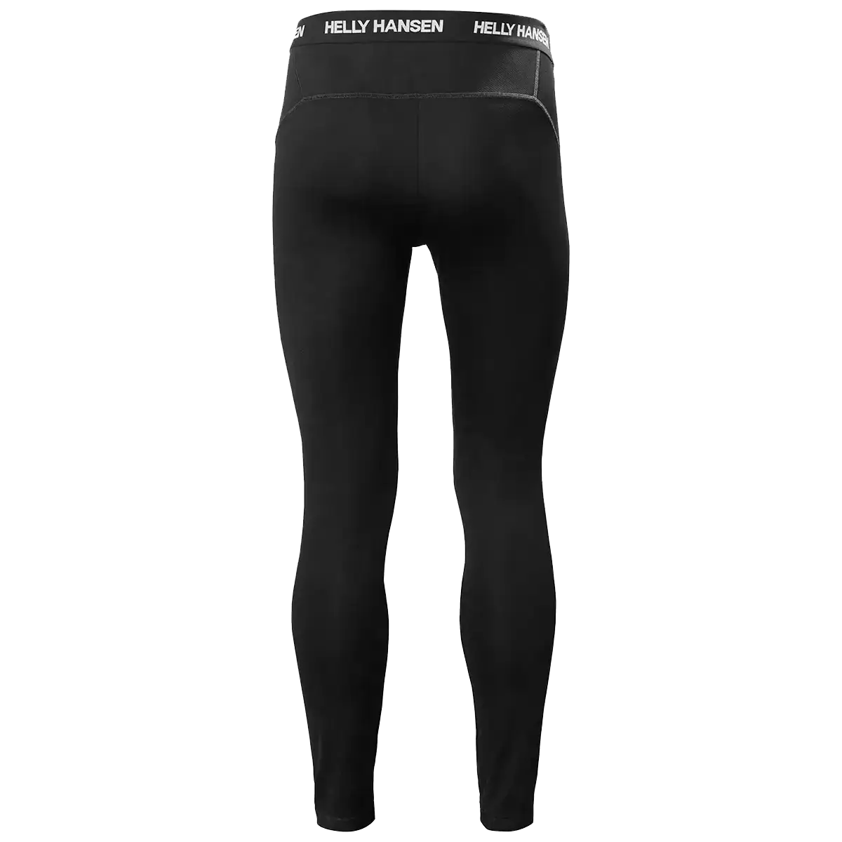 Black Helly Hansen men's lightweight base layer trousers made of polypropylene, with a high elastic waistband featuring Helly Hansen branding, designed for activewear and cold weather insulation.