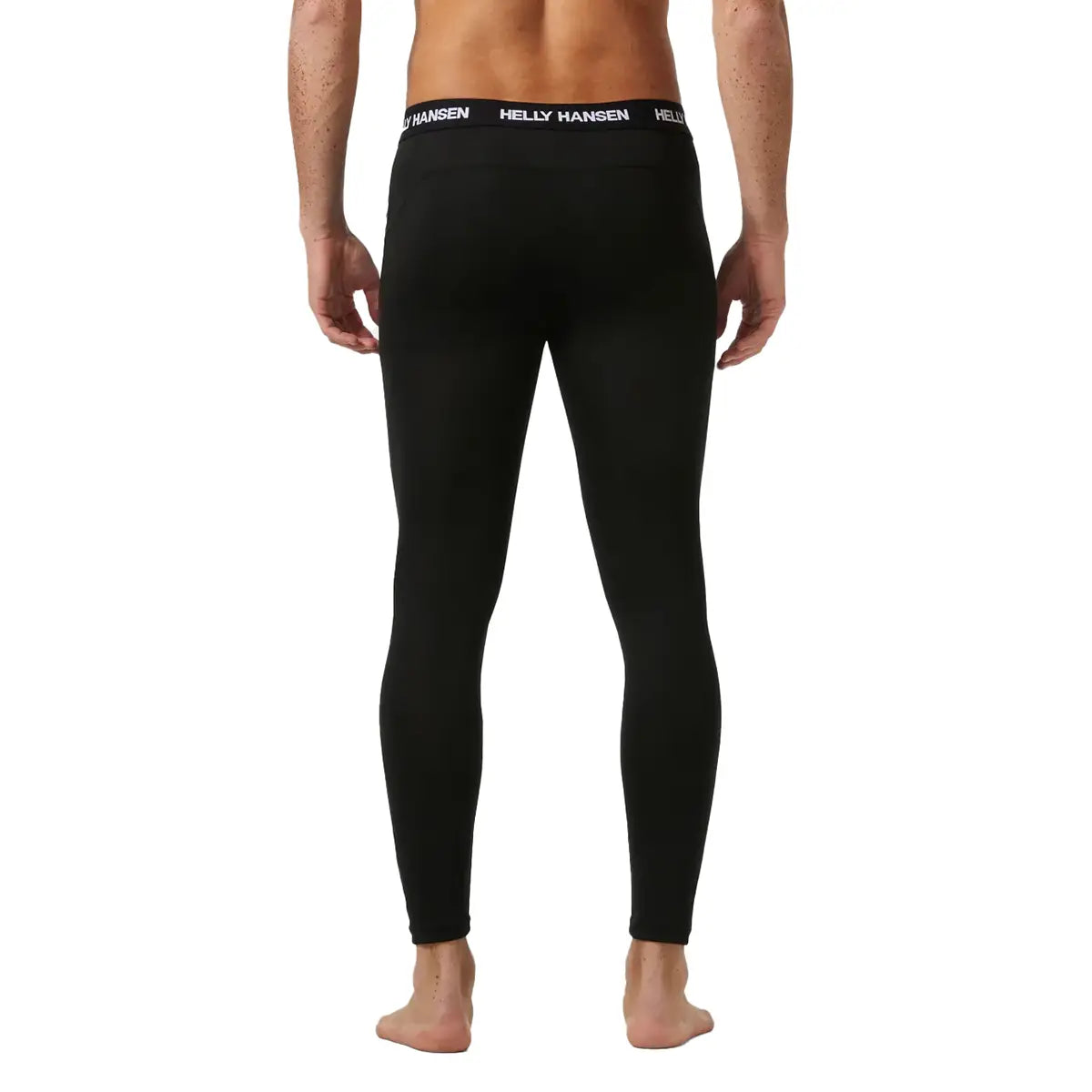 Back view of black Helly Hansen men's base layer tights with a striped side detail and branded waistband, made of stretchy, performance fabric for activewear.
