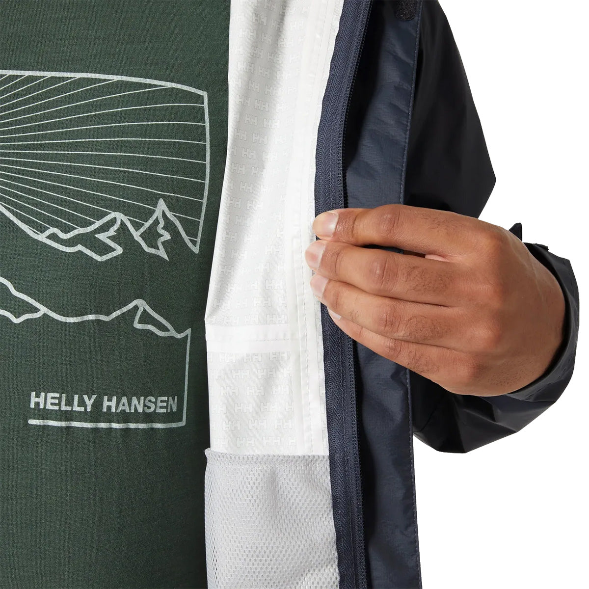 Interior view of Helly Hansen Mens Loke 2.0 Waterproof Jacket showing mesh lining and branded inner fabric for comfort.