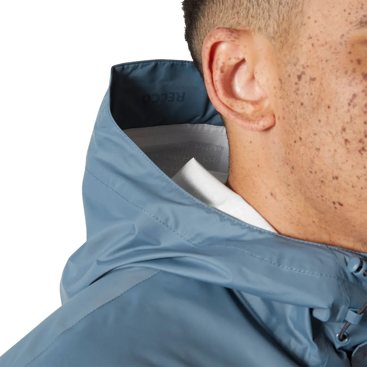 Side view of Helly Hansen Mens Loke 2.0 Waterproof Jacket collar and hood, emphasizing RECCO reflector integration.