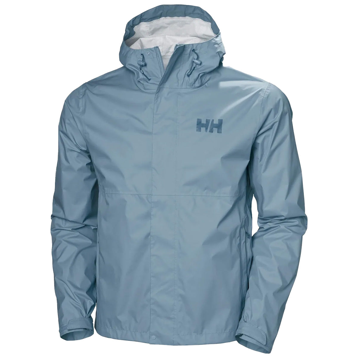 Light blue Helly Hansen Mens Loke 2.0 Waterproof Jacket with adjustable hood, designed for all-weather outdoor adventures.