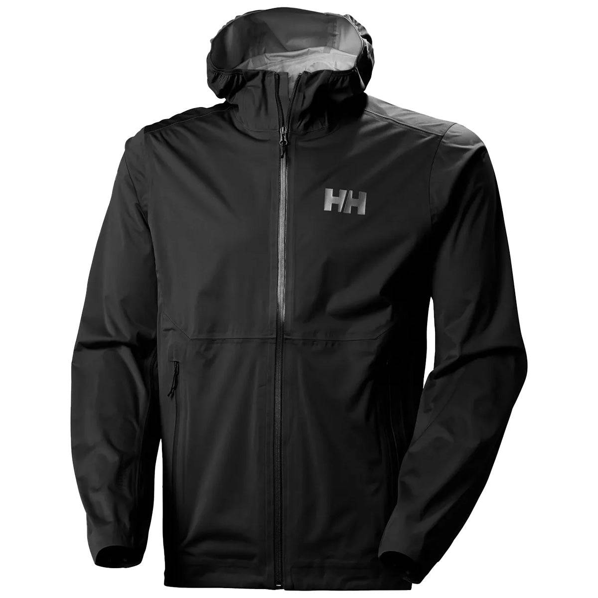 Black Helly Hansen Mens Momentum 3 Layer Stretch Waterproof Jacket featuring a sleek design and waterproof construction for all-weather performance.