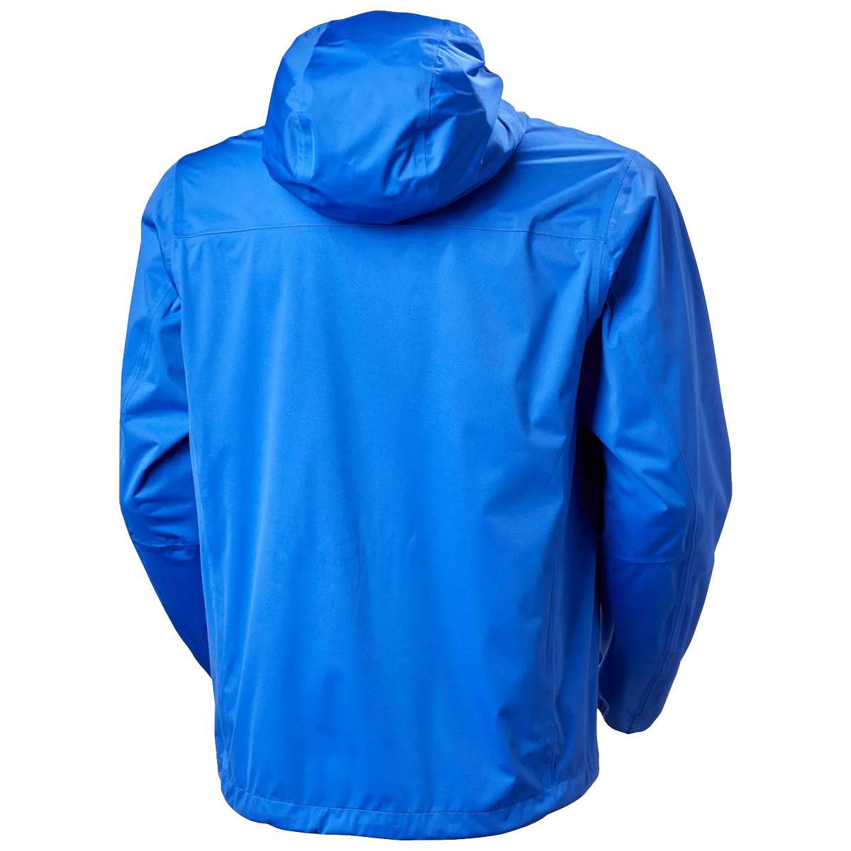Back view of Helly Hansen Mens Momentum 3 Layer Stretch Waterproof Jacket in blue, highlighting hood and waterproof fabric for rain protection.