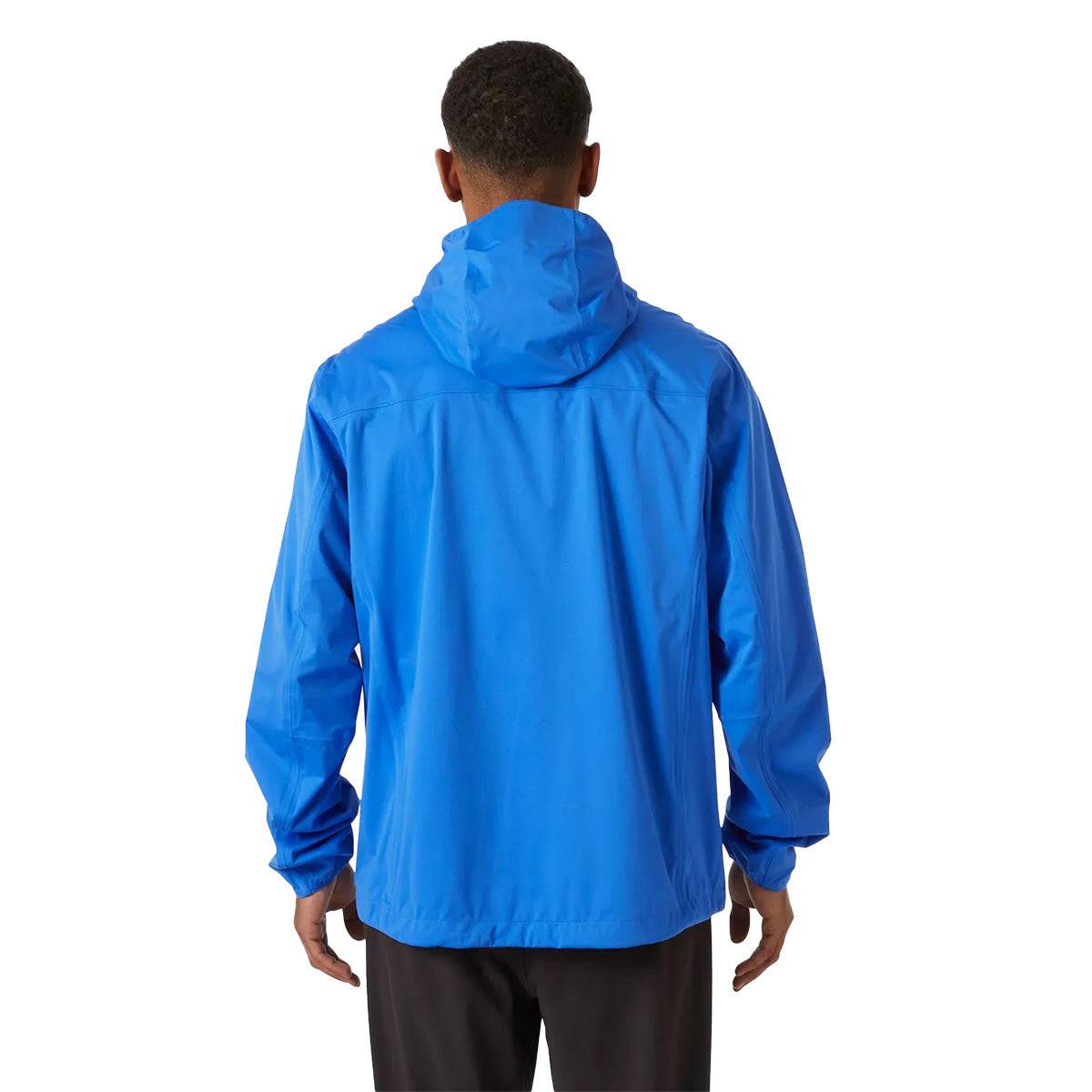Model showing rear view of Helly Hansen Mens Momentum 3 Layer Stretch Waterproof Jacket in blue, emphasizing fit and coverage.