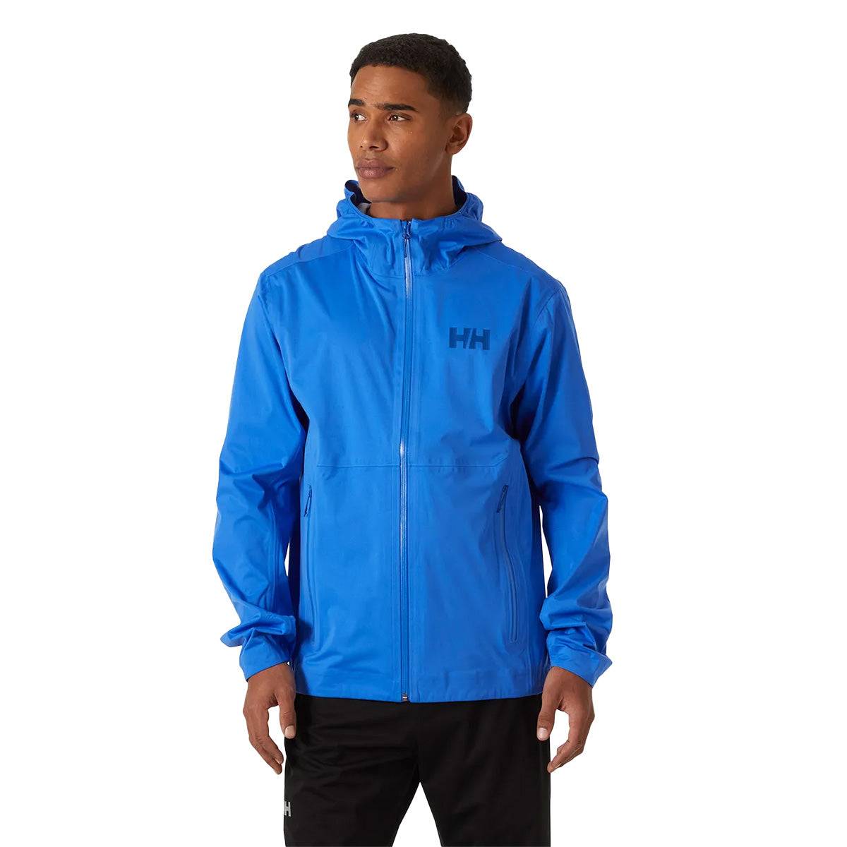 Model wearing Helly Hansen Mens Momentum 3 Layer Stretch Waterproof Jacket in blue, showcasing fit and style for active outdoor use.