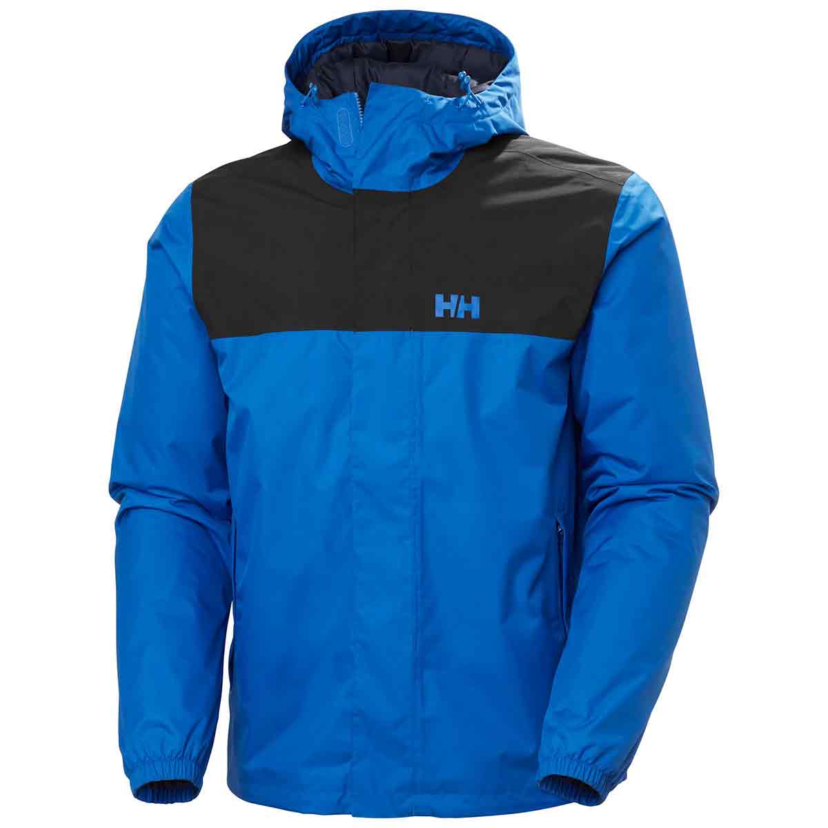 Helly Hansen Men's Vancouver Fleece Lined Jacket in blue with black panel, featuring a hood and zippered pockets for weatherproof protection.