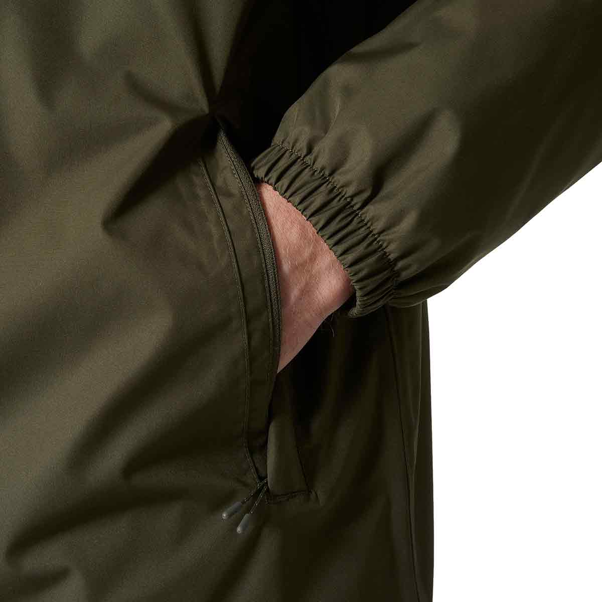 Detail of the Helly Hansen Men's Vancouver Fleece Lined Jacket's zippered pocket, highlighting its secure storage and functional design.