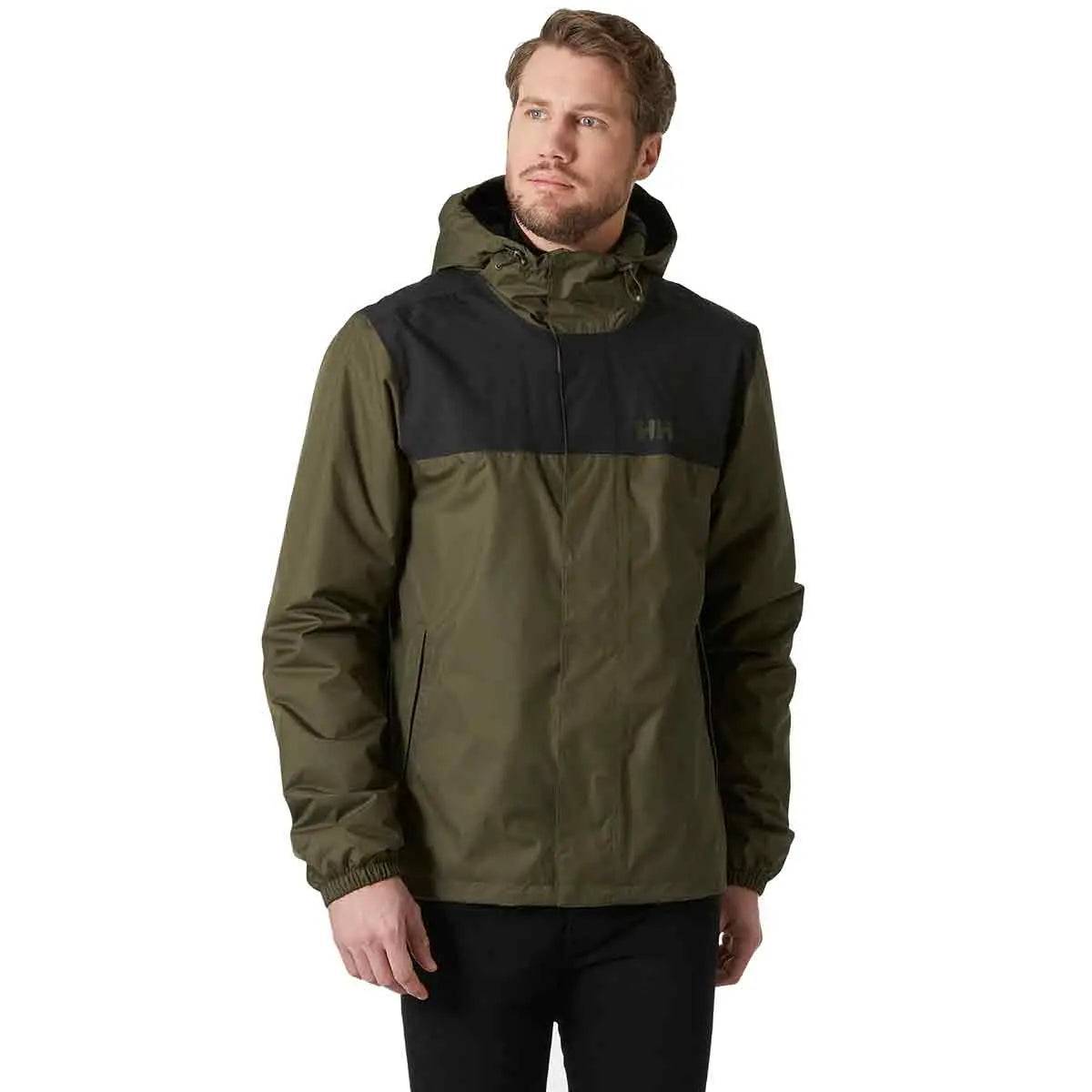 Model wearing the Helly Hansen Men's Vancouver Fleece Lined Jacket in olive green, demonstrating its stylish and functional outdoor design.