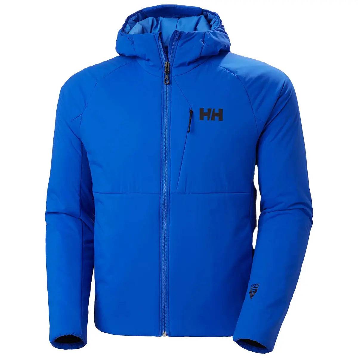 Helly Hansen Odin Stretch Hood Insulator 2.0 Jacket in bold blue, featuring a lightweight insulated design with a hood and zippered front for outdoor comfort.