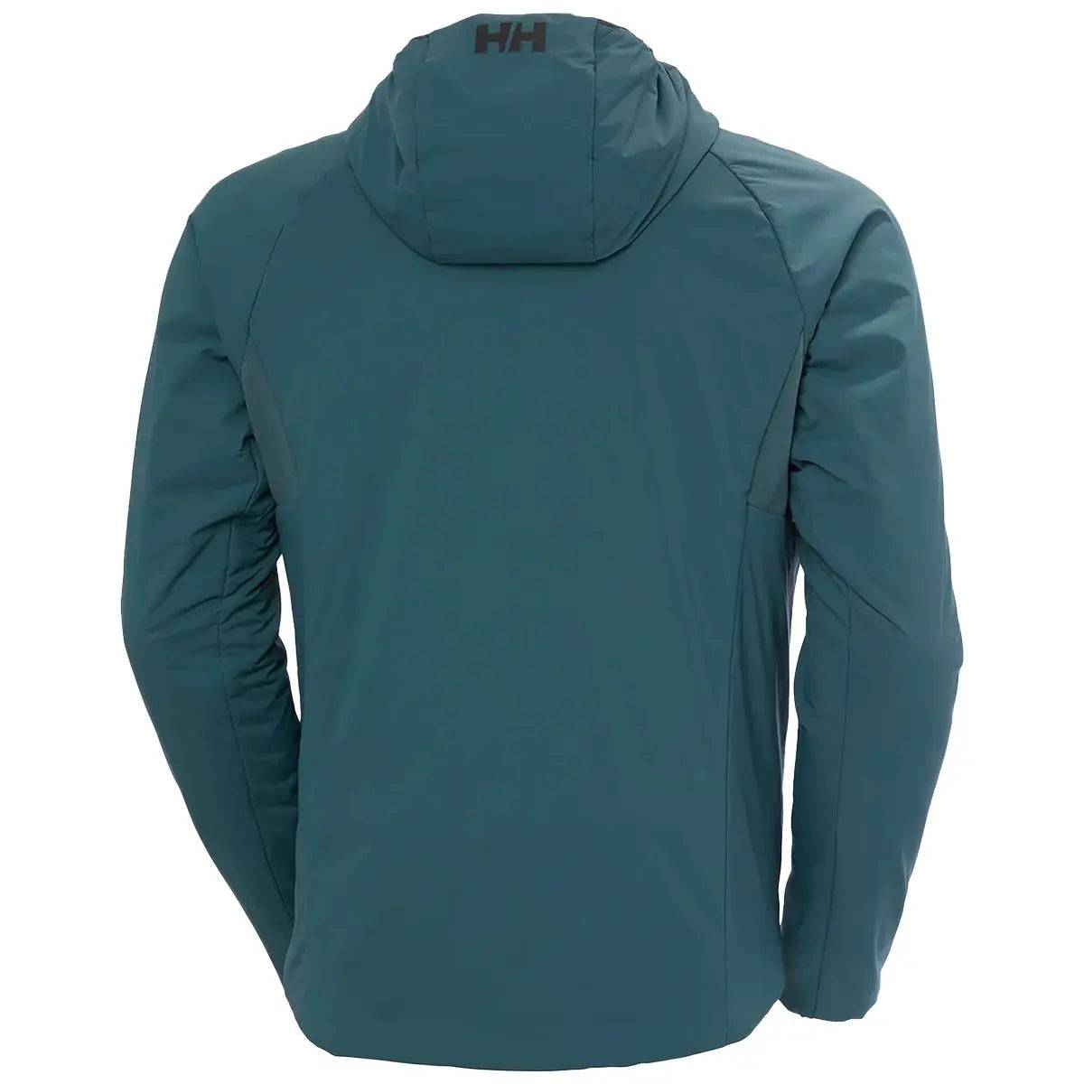Back view of the Helly Hansen Odin Stretch Hood Insulator 2.0 Jacket in teal, showcasing its ergonomic fit, insulated hood, and durable outer shell.