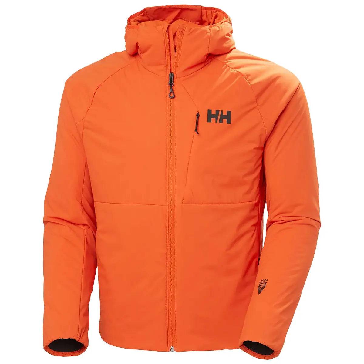 Helly Hansen Odin Stretch Hood Insulator 2.0 Jacket in vibrant orange with a full-zip front, hood, and Primaloft Gold Active+ insulation for warmth.