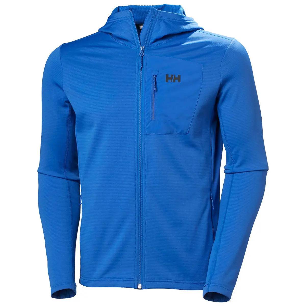Helly Hansen Versalite Hooded Fleece Jacket in vibrant blue, featuring a full-zip design, zippered chest pocket, and breathable Polartec fabric.