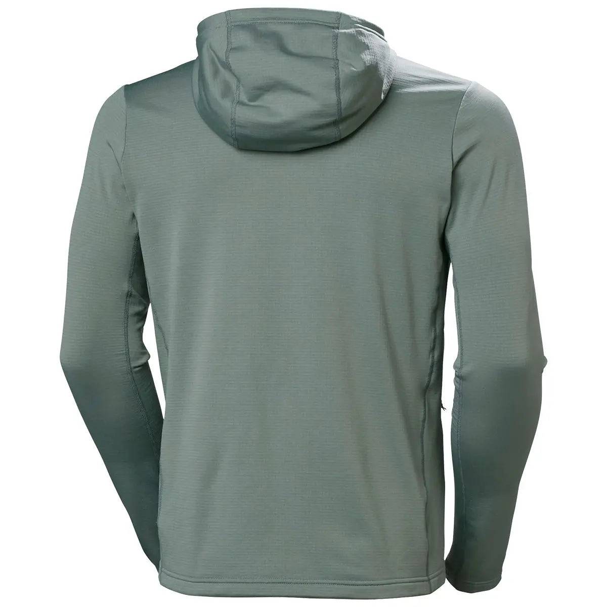 Back view of the Helly Hansen Versalite Hooded Fleece Jacket in green, highlighting the streamlined design and comfortable hood for added coverage.
