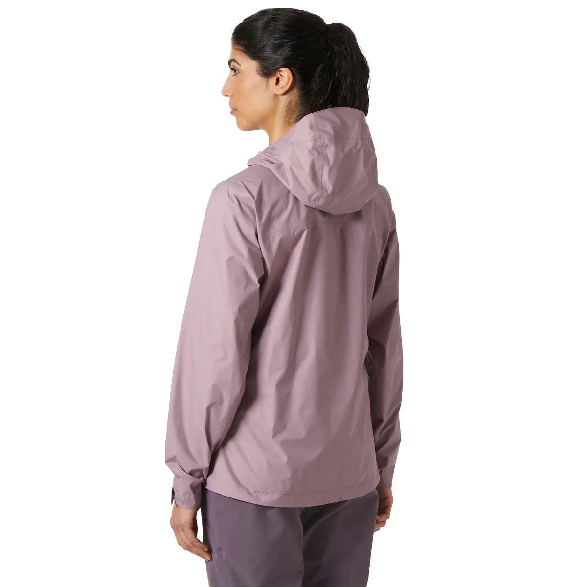 Rear view of model in Helly Hansen Womans Loke 2.0 Waterproof Jacket, highlighting back fit and hood coverage.