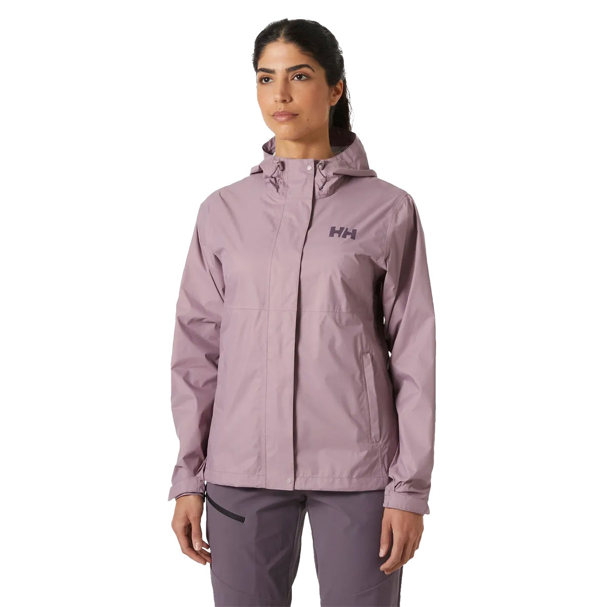 Model wearing Helly Hansen Womans Loke 2.0 Waterproof Jacket in purple, demonstrating fit and outdoor-ready style.