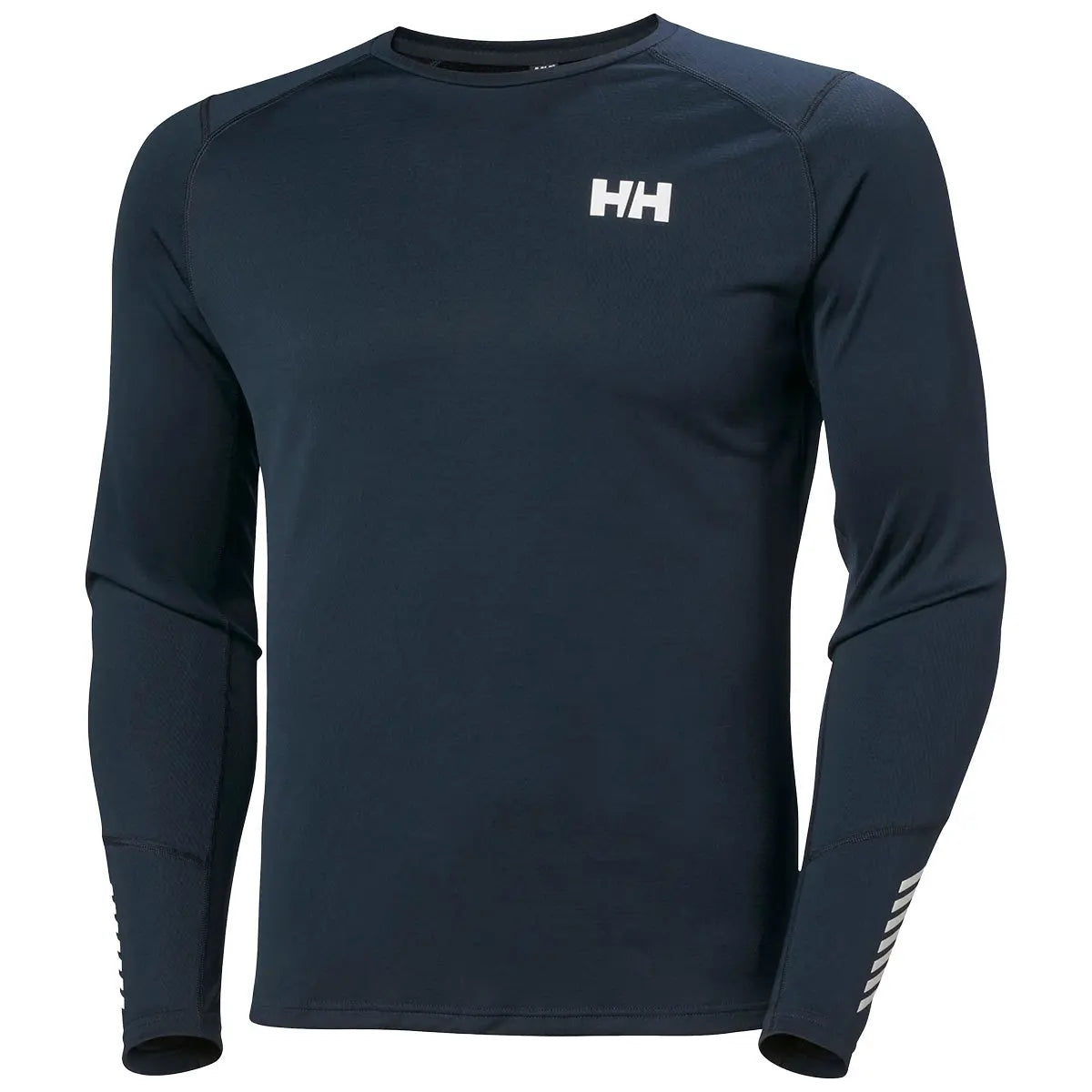 Navy HH Lifa Active Crew Long Sleeve Base Layer with white logo and striped sleeve detail, designed for cold-weather sports at John Bulls.