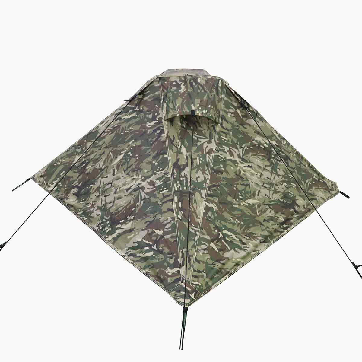 Top view of Highlander Blackthorn 1 Person Tent Gen 2 in multicam, featuring a central ventilation flap and durable polyester material.
