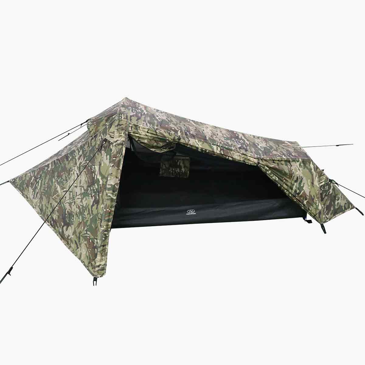 Highlander Blackthorn 1 Person Tent Gen 2 in multicam with open vestibule, ideal for solo expeditions and lightweight backpacking.