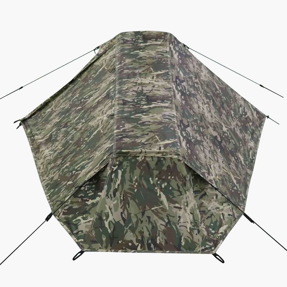 Rear view of Highlander Blackthorn 1 Person Tent Gen 2 in multicam, showing its compact and angular design for efficient solo shelter.